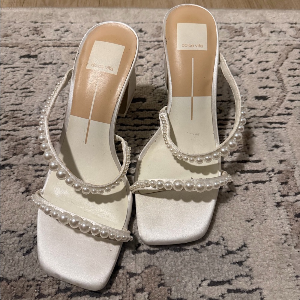 Dolce Vita White Pearl-Trim Slide Heels